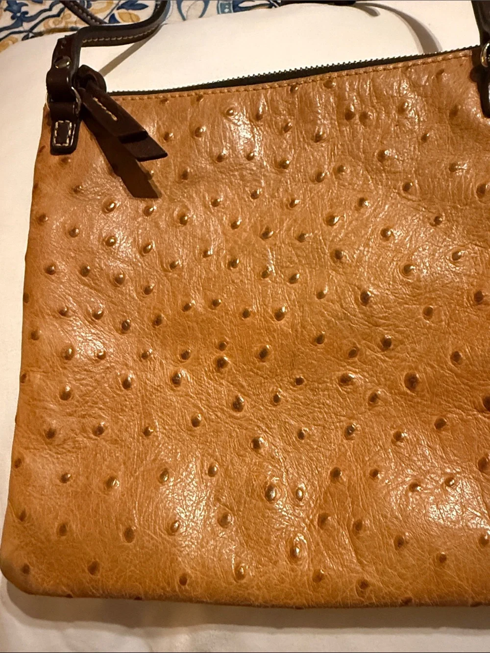 Dooney & Bourke Tan Ostrich-Texture Crossbody with Dark Brown Trim